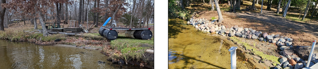 Photo: Shorelines most susceptible to severe erosion from things like wave action, water level fluctuations, and/or sandy soils were regraded to a gentle slope, stabilized at the base with moderately sized fieldstone rock, and planted with native vegetation throughout to provide further stability and habitat benefits.