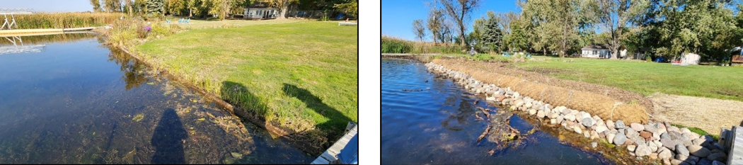Photo: Shorelines experiencing moderate erosion were stabilized with smaller fieldstone rock to the elevation at which vegetation wouldn’t grow, planted with native vegetation to stabilize the shoreline above the rock, and equipped with a coir biolog to protect from wave action during the plants’ early growth stages.