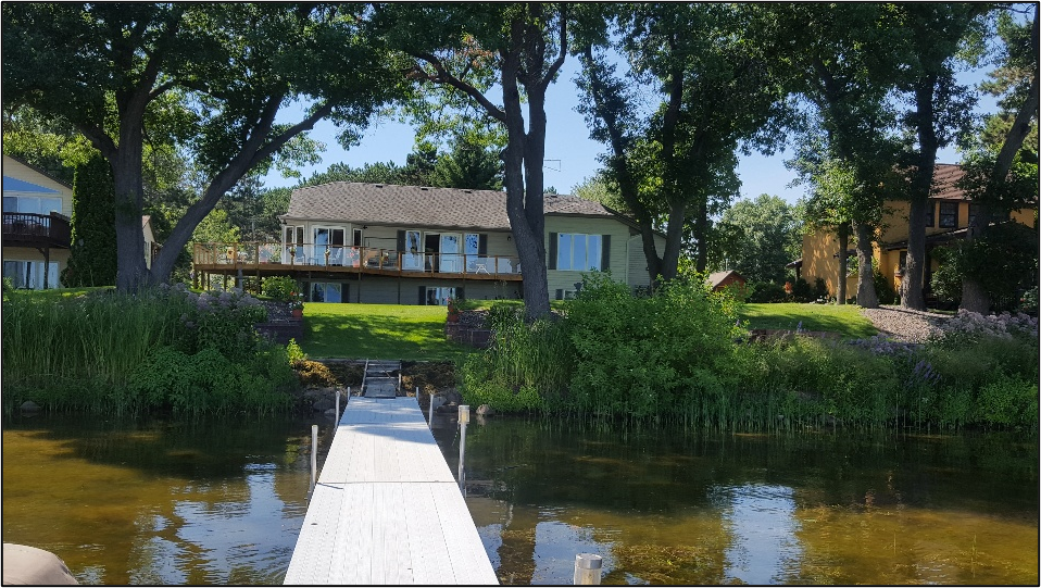 Photo: Examples of shoreline practices that will help keep fish cool. Shoreline trees, in-lake vegetation, and native plant buffers can help offer shade for fish in hot weather.